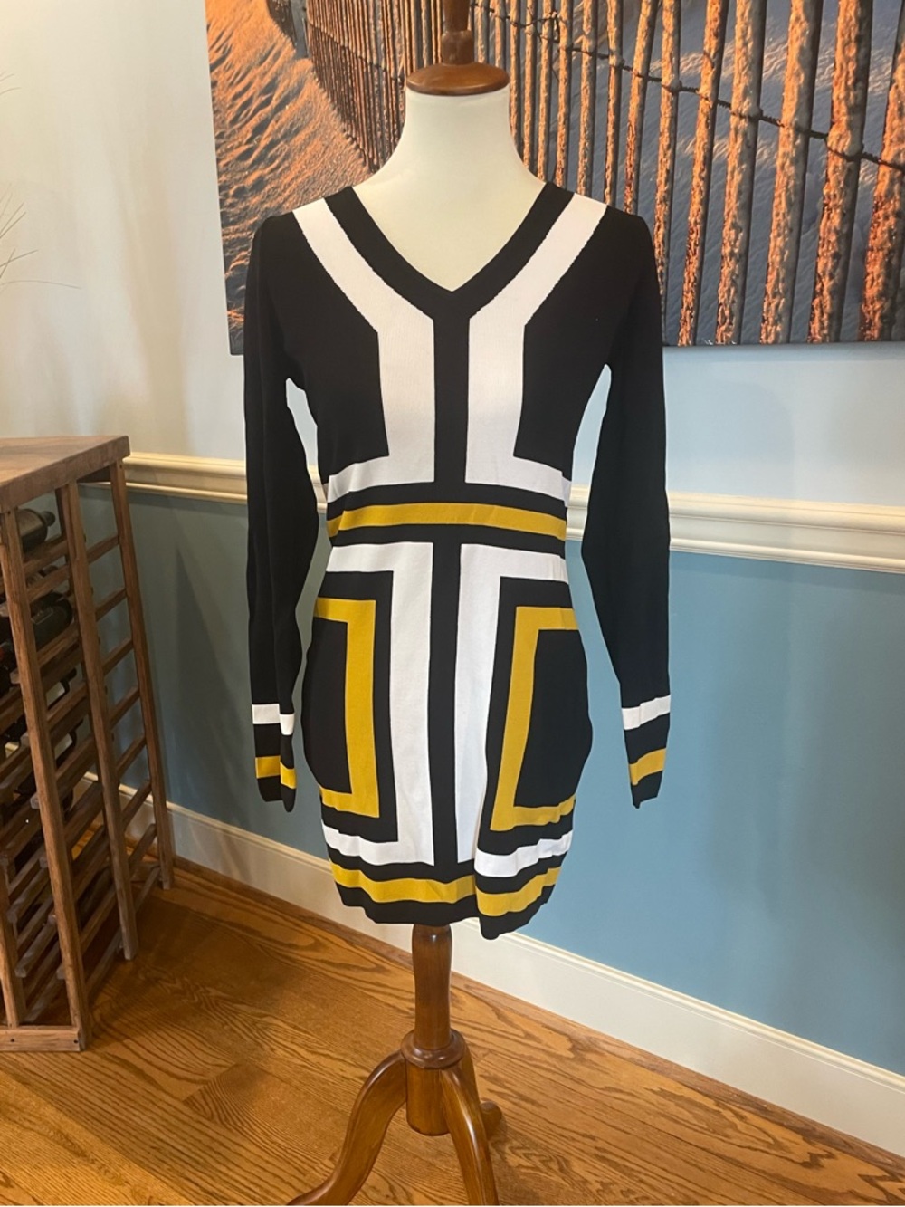 INC International Concepts Black White & Mustard Geometric Long Sleeve Dress